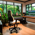 **Cozy music studio in Thailand, decorated with Thai-inspired art, lush green plants, featuring a modern DAW setup with MIDI keyboard, comfortable ergonomic chair, soft ambient lighting.** (This focuses on the ideal studio setup and its atmosphere)