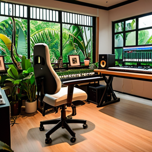 **Cozy music studio in Thailand, decorated with Thai-inspired art, lush green plants, featuring a modern DAW setup with MIDI keyboard, comfortable ergonomic chair, soft ambient lighting.** (This focuses on the ideal studio setup and its atmosphere)