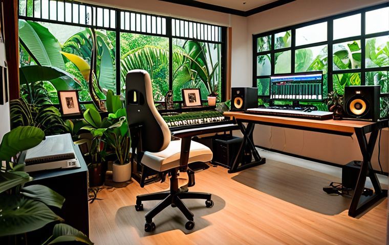 **Cozy music studio in Thailand, decorated with Thai-inspired art, lush green plants, featuring a modern DAW setup with MIDI keyboard, comfortable ergonomic chair, soft ambient lighting.** (This focuses on the ideal studio setup and its atmosphere)