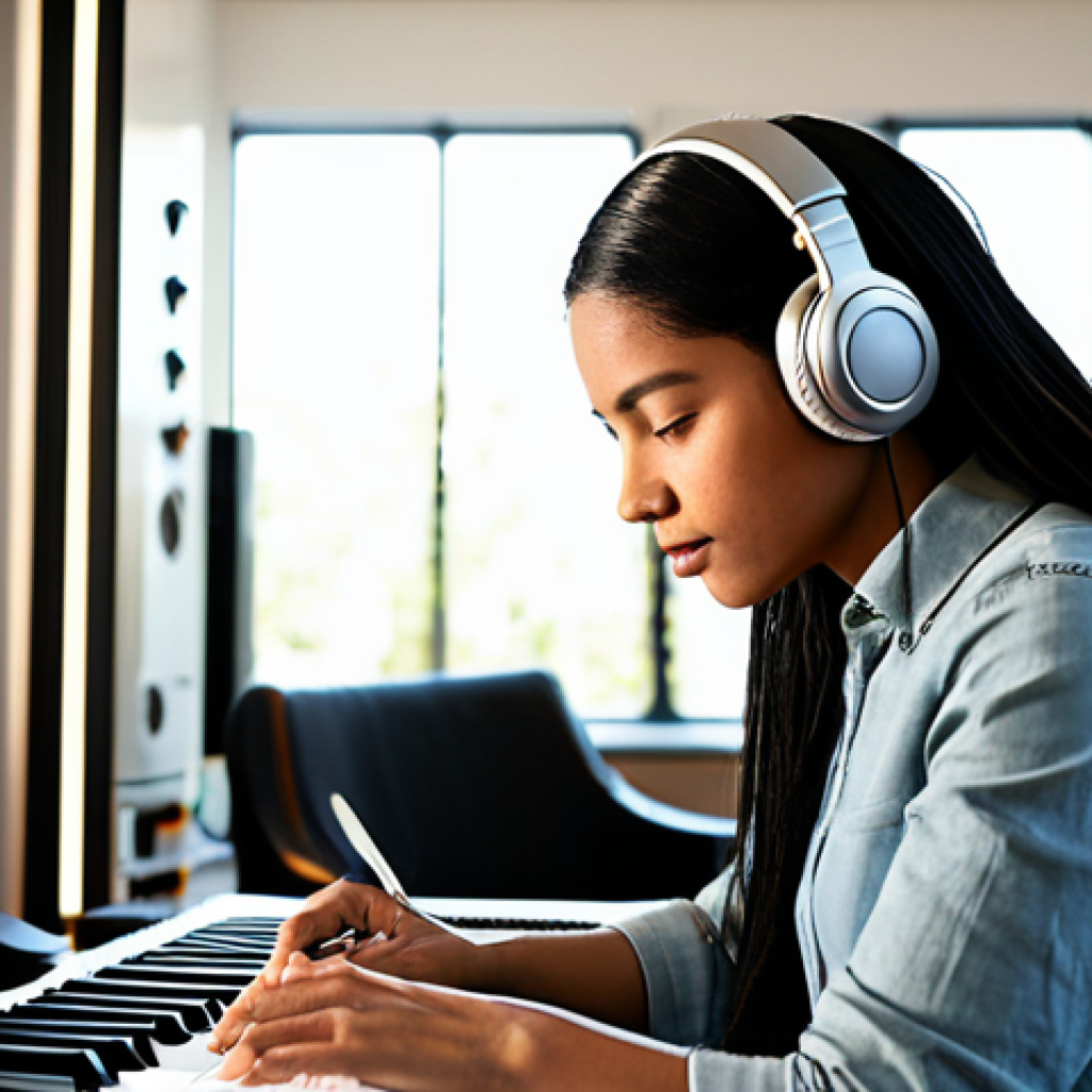 A focused professional female songwriter, fully clothed in a modest, stylish, yet comfortable attire, seated at a sleek digital audio workstation in a sunlit modern home music studio. She is wearing professional headphones, meticulously arranging notes on a screen, embodying deep thought and the intense creative process of discovering her unique sound. The studio is well-organized with warm ambient lighting and a high-end microphone visible in the background. safe for work, appropriate content, professional, perfect anatomy, correct proportions, natural pose, well-formed hands, proper finger count, natural body proportions, high quality photography.