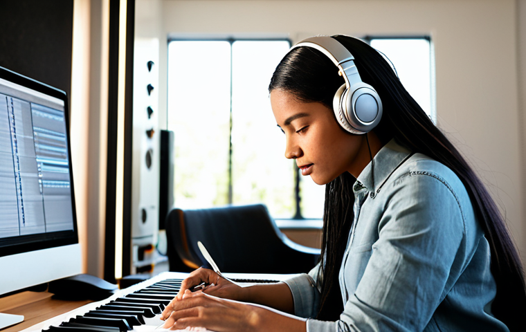 A focused professional female songwriter, fully clothed in a modest, stylish, yet comfortable attire, seated at a sleek digital audio workstation in a sunlit modern home music studio. She is wearing professional headphones, meticulously arranging notes on a screen, embodying deep thought and the intense creative process of discovering her unique sound. The studio is well-organized with warm ambient lighting and a high-end microphone visible in the background. safe for work, appropriate content, professional, perfect anatomy, correct proportions, natural pose, well-formed hands, proper finger count, natural body proportions, high quality photography.