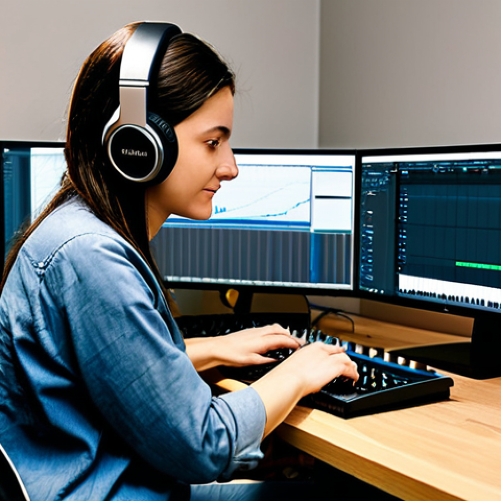 A professional female songwriter, fully clothed in a modest, modern casual outfit, seated comfortably in a meticulously organized home studio. She is wearing professional over-ear headphones and is intently focused on a computer screen displaying a Digital Audio Workstation (DAW) interface, with a high-quality condenser microphone on a stand nearby. The room is well-lit with soft natural light, showcasing sound-absorbing panels on the walls and subtle musical instruments like an acoustic guitar and a keyboard in the background. The atmosphere is calm, focused, and inspiring. Perfect anatomy, correct proportions, natural pose, well-formed hands, proper finger count, natural body proportions. Safe for work, appropriate content, family-friendly, professional photography, high quality.