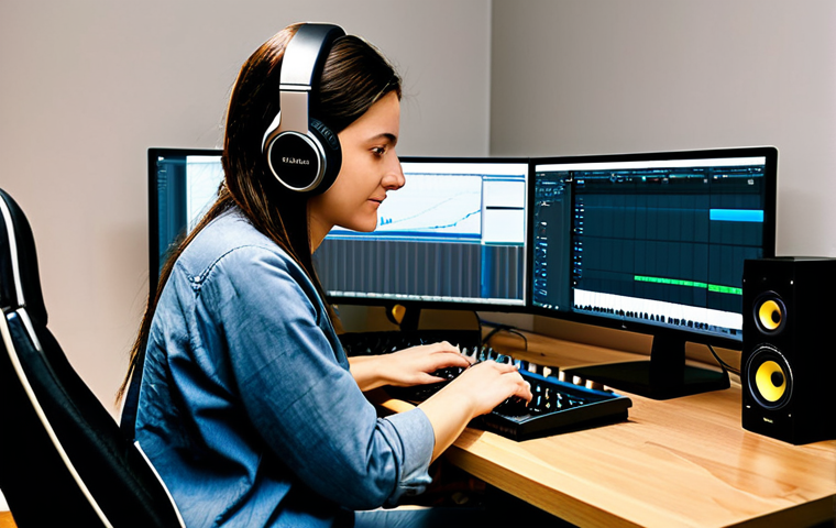 A professional female songwriter, fully clothed in a modest, modern casual outfit, seated comfortably in a meticulously organized home studio. She is wearing professional over-ear headphones and is intently focused on a computer screen displaying a Digital Audio Workstation (DAW) interface, with a high-quality condenser microphone on a stand nearby. The room is well-lit with soft natural light, showcasing sound-absorbing panels on the walls and subtle musical instruments like an acoustic guitar and a keyboard in the background. The atmosphere is calm, focused, and inspiring. Perfect anatomy, correct proportions, natural pose, well-formed hands, proper finger count, natural body proportions. Safe for work, appropriate content, family-friendly, professional photography, high quality.