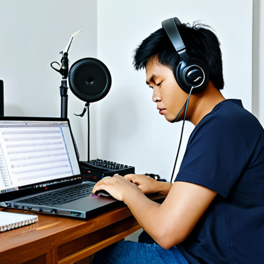 **
"A Thai songwriter in a home studio, fully clothed in comfortable clothing, working on a laptop with music software visible on the screen. Microphones, instruments (like a guitar or traditional Thai instrument), and notebooks are scattered around. Safe for work, appropriate content, professional, perfect anatomy, natural pose, well-lit, family-friendly."
**