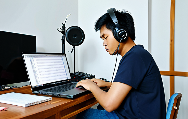 **

"A Thai songwriter in a home studio, fully clothed in comfortable clothing, working on a laptop with music software visible on the screen. Microphones, instruments (like a guitar or traditional Thai instrument), and notebooks are scattered around. Safe for work, appropriate content, professional, perfect anatomy, natural pose, well-lit, family-friendly."

**