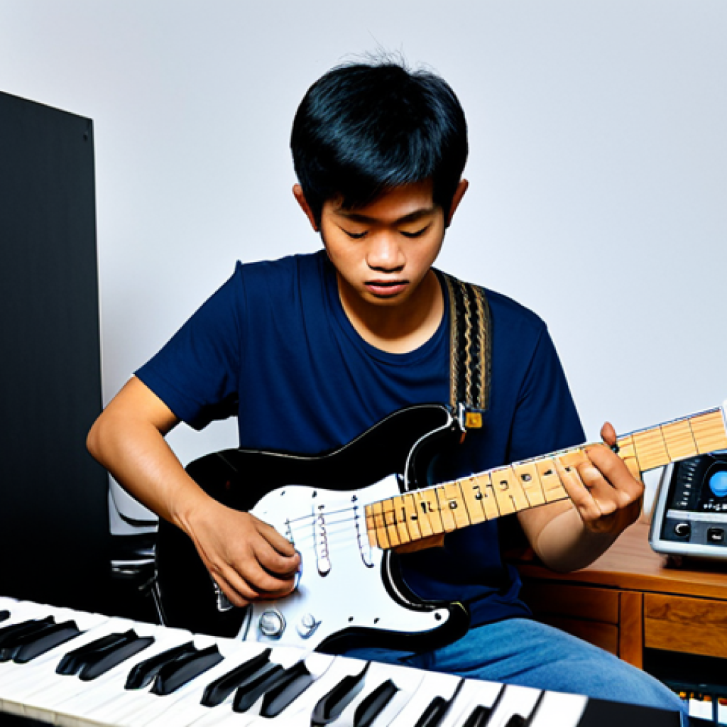 A determined Thai musician in a home studio, surrounded by instruments and music equipment, composing a song. He is fully clothed in casual attire, focused, safe for work, appropriate content, professional, perfect anatomy, natural proportions, family-friendly.