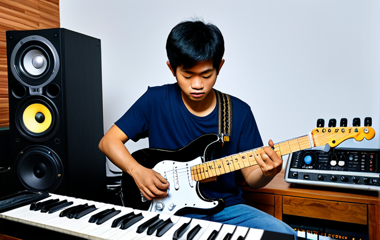 A determined Thai musician in a home studio, surrounded by instruments and music equipment, composing a song. He is fully clothed in casual attire, focused, safe for work, appropriate content, professional, perfect anatomy, natural proportions, family-friendly.