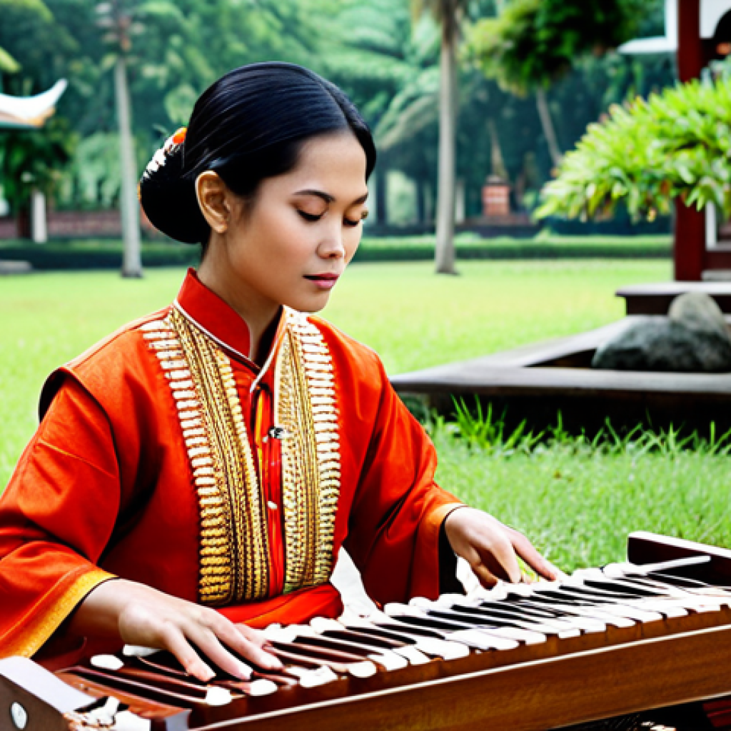 작곡가의 직업적 역량 개발 - **
"A professional female musician in traditional Thai attire, performing on a *khim* (Thai hammere...