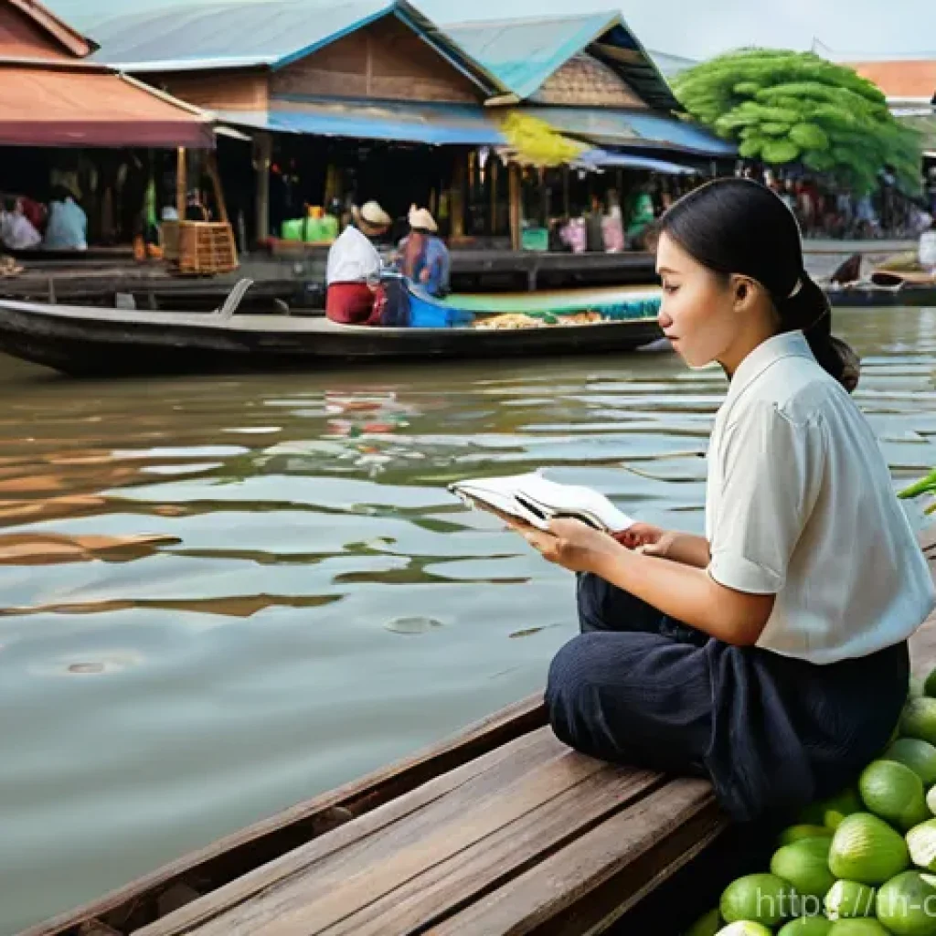 작곡가의 음악적 아이디어 발굴 - **Prompt:** A young Thai woman, in her late 20s, with a thoughtful expression, is seated on a wooden...