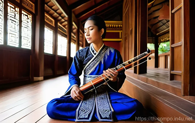 작곡가의 음악적 아이디어 발굴 - **Prompt:** A young Thai woman, in her late 20s, with a thoughtful expression, is seated on a wooden...