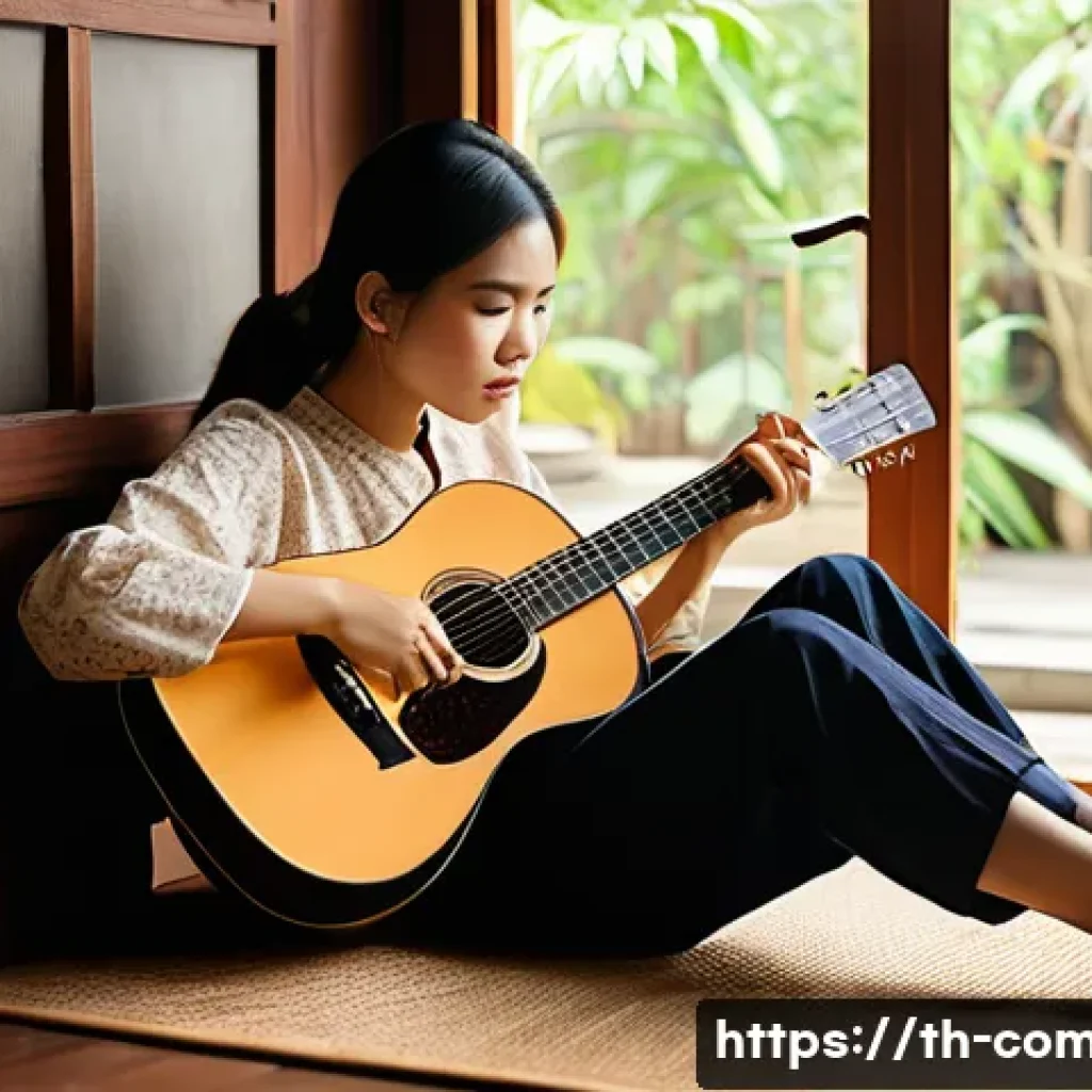 작곡가의 경력 진로 매핑 - **Prompt:** A tranquil and inspiring interior scene featuring a young Thai female songwriter in her ...