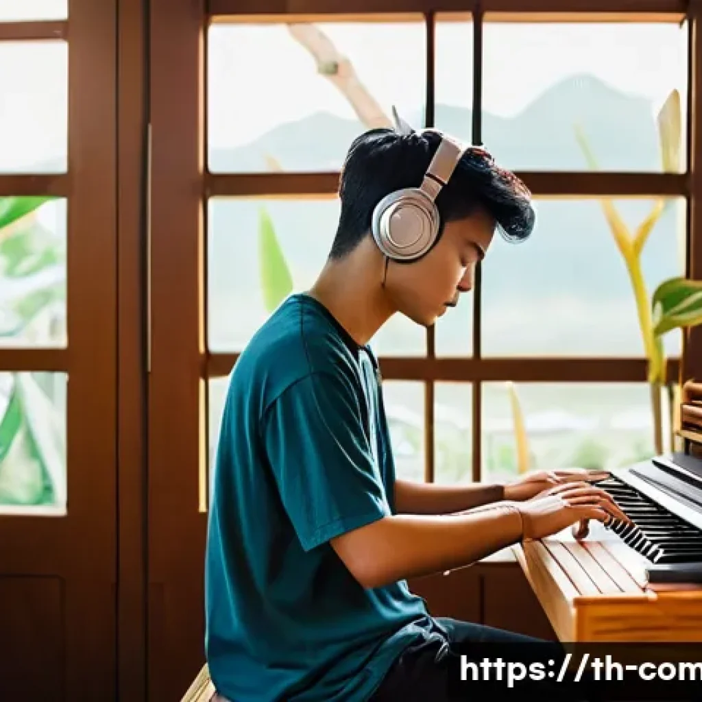 작곡가가 되기 위한 필수 과목 - A cozy music studio scene featuring a young Thai songwriter sitting at a wooden desk surrounded by t...