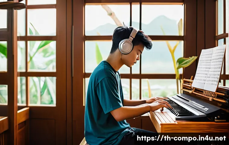 작곡가가 되기 위한 필수 과목 - A cozy music studio scene featuring a young Thai songwriter sitting at a wooden desk surrounded by t...