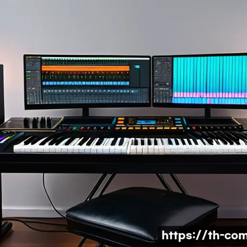 작곡가 업계 동향 - A modern music producer's home studio setup featuring a sleek computer with Ableton Live open on the...