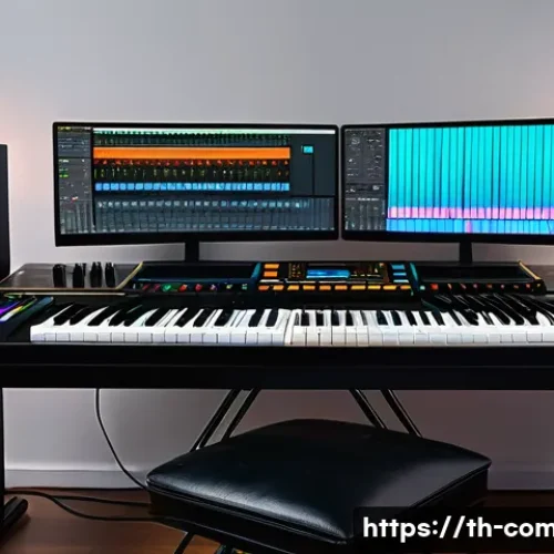 작곡가 업계 동향 - A modern music producer's home studio setup featuring a sleek computer with Ableton Live open on the...
