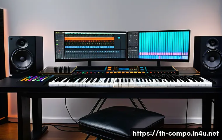 작곡가 업계 동향 - A modern music producer's home studio setup featuring a sleek computer with Ableton Live open on the...