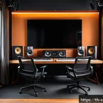 작곡가의 작업 환경 최적화 - A modern music studio interior designed for optimal sound quality, featuring medium-sized room with ...