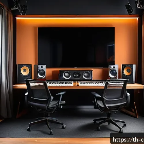 작곡가의 작업 환경 최적화 - A modern music studio interior designed for optimal sound quality, featuring medium-sized room with ...