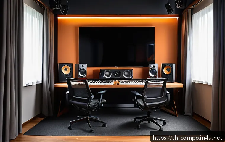 작곡가의 작업 환경 최적화 - A modern music studio interior designed for optimal sound quality, featuring medium-sized room with ...