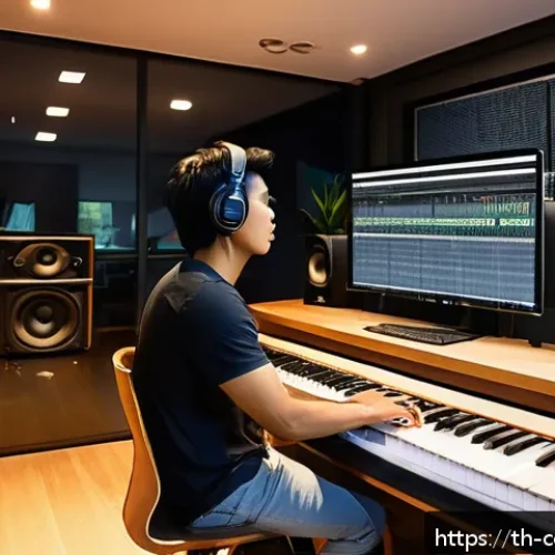 작곡가의 작품 완성도를 높이는 방법 - A modern music studio scene showing a focused Thai songwriter composing a catchy song structure on a...