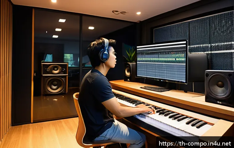 작곡가의 작품 완성도를 높이는 방법 - A modern music studio scene showing a focused Thai songwriter composing a catchy song structure on a...
