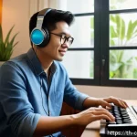작곡가의 업무 효율화 - A modern Thai music composer sitting at a sleek digital audio workstation in a cozy home studio fill...
