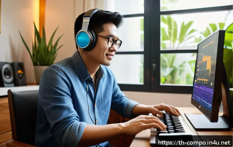 작곡가의 업무 효율화 - A modern Thai music composer sitting at a sleek digital audio workstation in a cozy home studio fill...