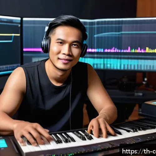 작곡가의 직무별 권장 역량 - A modern Thai music composer working in a high-tech home studio, surrounded by traditional Thai musi...