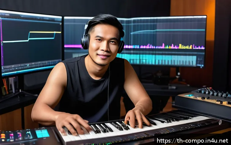 작곡가의 직무별 권장 역량 - A modern Thai music composer working in a high-tech home studio, surrounded by traditional Thai musi...