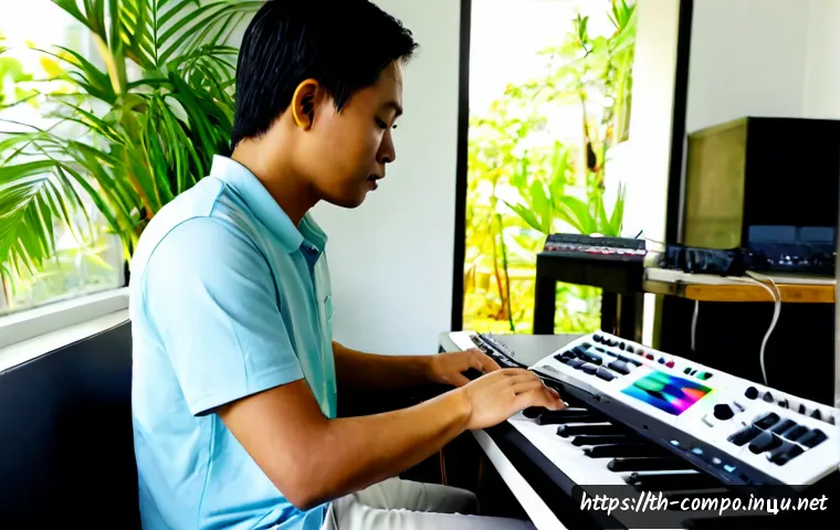 작곡가의 창작과 시장 분석 - Photorealistic Thai music composer in a bright Bangkok home studio, seated at an electronic keyboard...